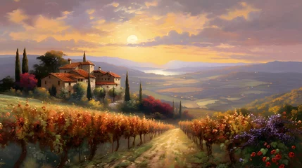 Foto op Canvas Panoramic view of Tuscany with vineyard at sunset © Iman