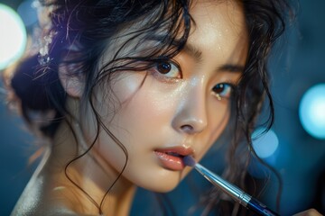 Obraz premium Close-up Portrait of a Beautiful Young Woman with Sparkling Makeup in a Moody Light Setting