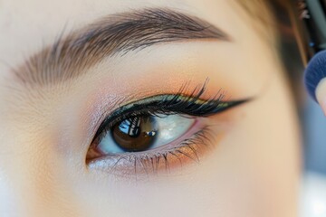 Obraz premium Close-Up of a Woman's Eye with Sparkling Eyeshadow, Perfect Eyebrows, and Eyeliner Makeup Detail