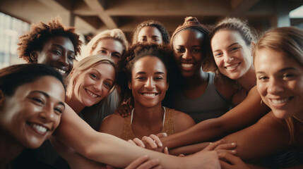 
A group of diverse fitness friends gathers in a circle, putting their hands together in a huddle before a yoga session at a community wellness center, their faces radiating determination and support,