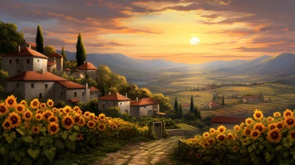 Foto auf Acrylglas Panoramic view of Tuscany with sunflowers at sunset © Iman