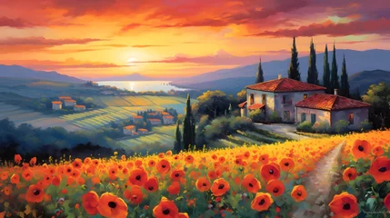 Poster Sunset over the Tuscany landscape with red poppies © Iman