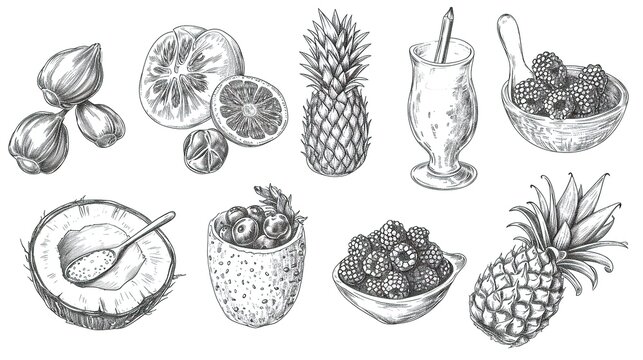detailed sketch of assorted fruits and a glass of smoothie. 