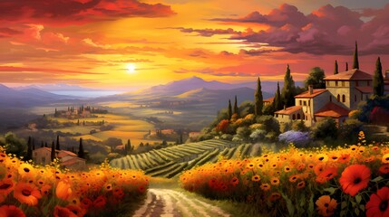 Sunset in Tuscany with sunflowers - digital painting - obrazy, fototapety, plakaty