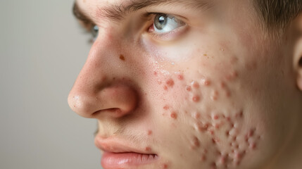 Man's profile with severe acne on skin.
