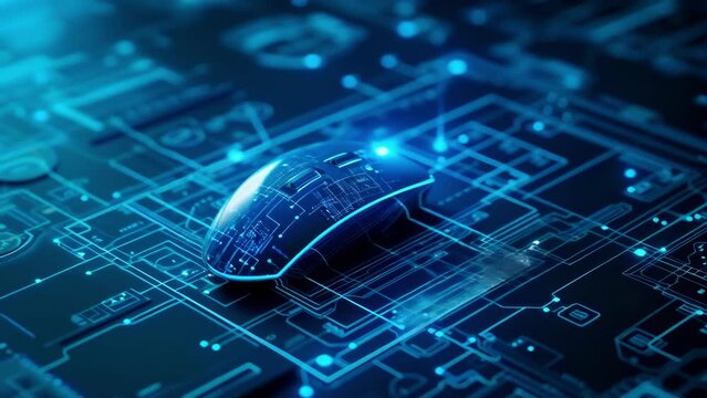 Magnified image of a computer mouse hovering over a blueprint representing the seamless integration between the physical and digital world in digital twin technology.