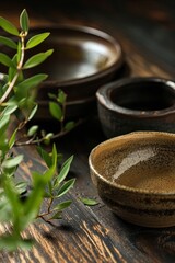 Ceramic bowls on wood, harmony of craftsmanship and nature. Ideal for home and lifestyle magazines. 