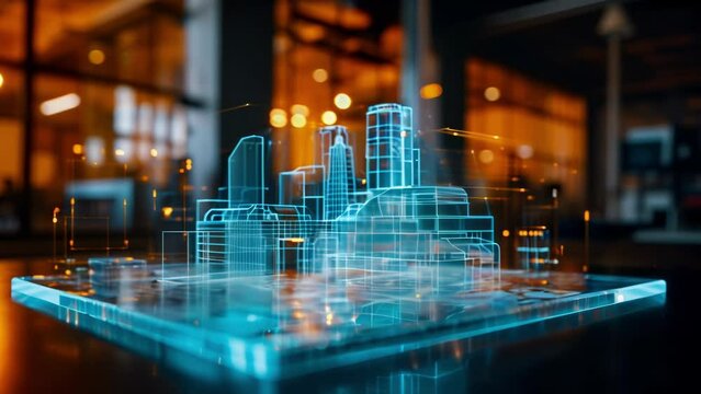 An augmented reality hologram shows a 3D map of a building highlighting areas with high levels of activity and potential security risks.