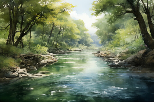 Watercolor paintings of forests and streams in nature.