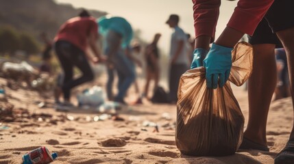 Save water. Volunteer pick up trash garbage at the beach and plastic bottles are difficult decompose prevent harm aquatic life. Earth, Environment, Greening planet, reduce global warming, Save world - obrazy, fototapety, plakaty
