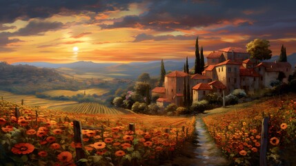 Panoramic view of Tuscany with sunflower fields at sunset - obrazy, fototapety, plakaty