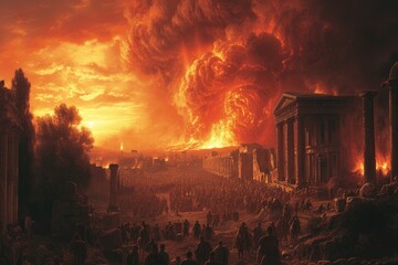 Pompeii tragedy: a haunting portrayal of the volcanic eruption's chaos, horror, and the people's plight, capturing the devastation and human tragedy in the ancient city's ruins - obrazy, fototapety, plakaty