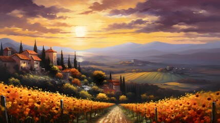 Panoramic view of Tuscany at sunset with sunflowers