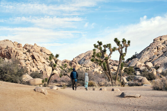 Father and son entering a trail in Joshua Tree National Park 