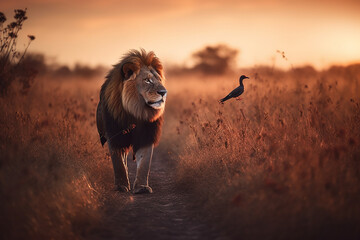 lion in the sunset - obrazy, fototapety, plakaty