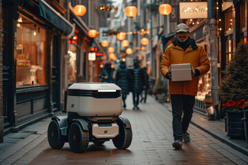 Mini delivery robot: a compact marvel of technological innovation, revolutionizing logistics last-mile delivery with efficiency, convenience, autonomous mobility for a smarter and streamlined future - obrazy, fototapety, plakaty