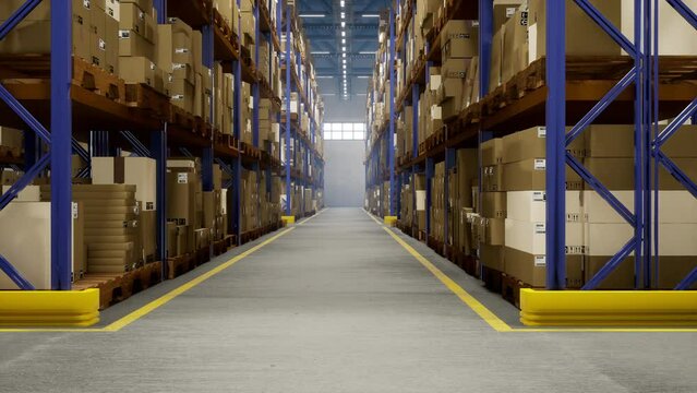 Manufacturing storage facility packed with shipping stamps containers, serving as a distribution point for the trade sector. Items featuring identification codes for invoices. 3D animation renders.