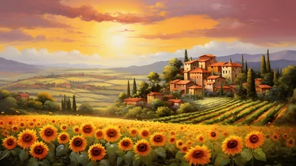 Poster Sunflower field in Tuscany, Italy. Panoramic image © Iman