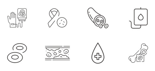 Hematology icon set. Blood cells, blood cancer, blood vein, blood donation icons set vector design.