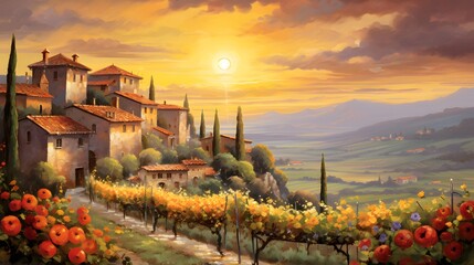 Panoramic view of Tuscany in Italy at sunset.