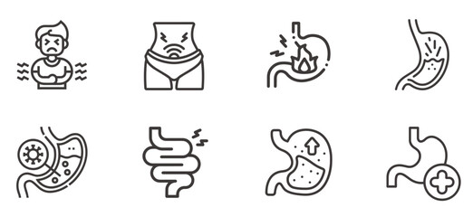 Stomach ache and pain related editable outline icons. - obrazy, fototapety, plakaty