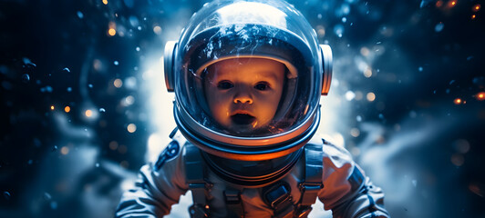 a flaming cute baby pose in astronaut costume shaped wallpaper design abstract organic colorful background 20:9, ai generative - Powered by Adobe