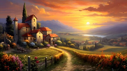 Panoramic view of a beautiful sunset over a rural landscape. - obrazy, fototapety, plakaty