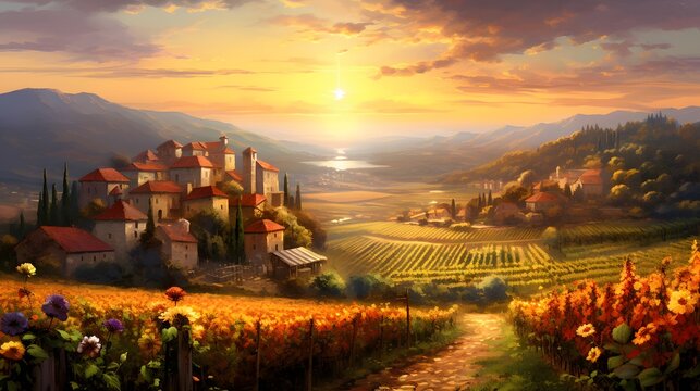 Panoramic view of vineyard in Tuscany, Italy