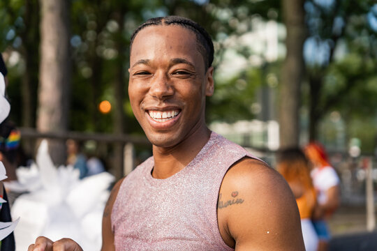 Portrait Of A Happy Gay Man During New York Pride March.
