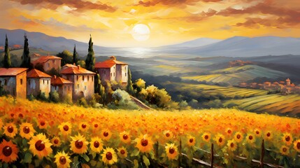 Sunflowers in Tuscany. Panoramic view.