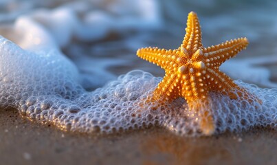 starfish shell on the beach in sunset light with light waves and white sand