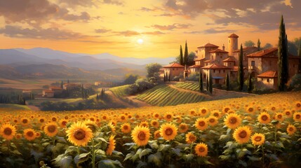 Sunflower field in Tuscany, Italy at sunset panorama