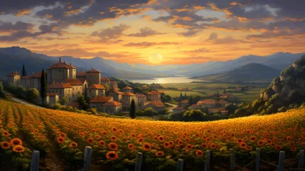 Papier Peint photo Toscane Panoramic view of a sunflower field in Tuscany
