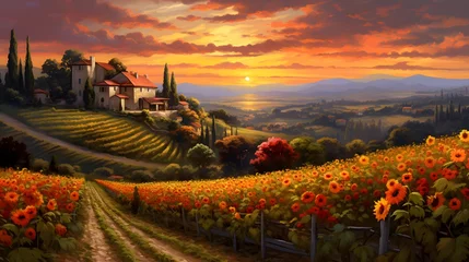 Foto auf Glas Sunflower field at sunset in Tuscany, Italy. Panorama © Iman