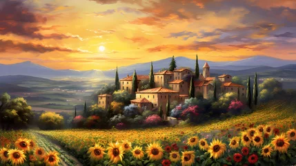 Rolgordijnen Panoramic view of Tuscany with sunflowers at sunset © Iman