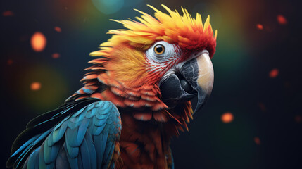 Parrot Illustration of a Parrot, Beautiful colorful parrot sitting on a branch, cute little close up macaw, illustration of beautiful close up portrait of colorful parrot bird photoreal,