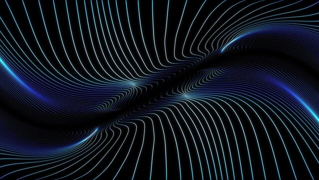 Glowing curvy lines loop motion pattern on black bacground.