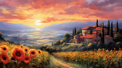 Foto auf Alu-Dibond Panoramic landscape of Tuscany with sunflowers at sunset © Iman