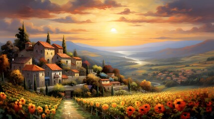 Panoramic view of Tuscan countryside with sunflowers at sunset