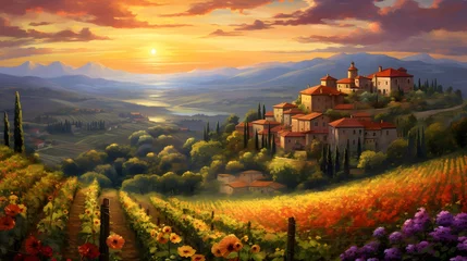 Rugzak Panoramic view of Tuscany with sunflowers at sunset © Iman