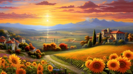 Fototapeten Panoramic view of Tuscany at sunset with sunflowers © Iman