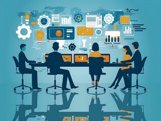 vector graphics of people working together on digital solution, modern office background, very friendly but professional look