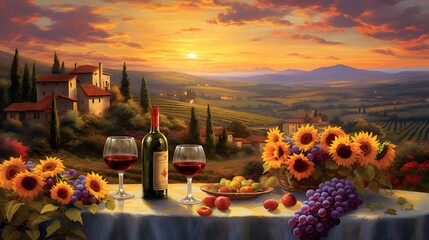 Romantic dinner in Tuscany with wine and sunflowers