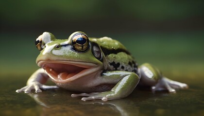 Naklejka premium A frog with its mouth open cute froggy jumping flying