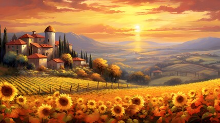 Sunflower field in Tuscany, Italy. Panoramic view.