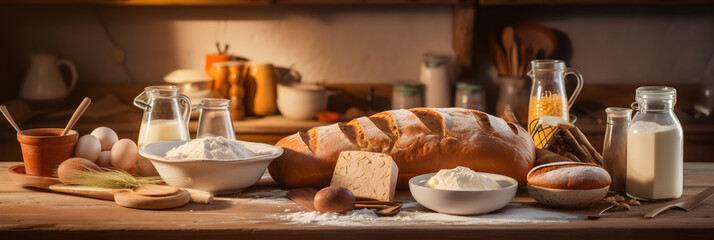 The joy and warmth of traditional home baking: From ingredients to fresh bread on a wooden table