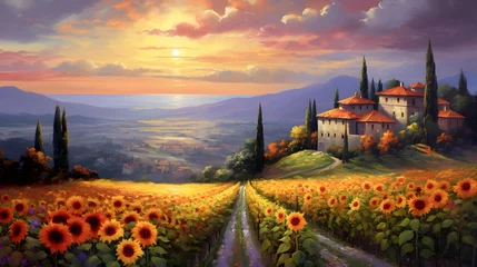 Foto auf Acrylglas Sunflower field at sunset in Tuscany, Italy. Digital painting. © Iman