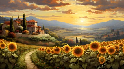 Panoramic landscape of Tuscany with sunflowers at sunset