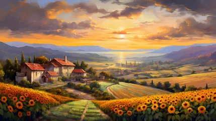 Poster Panorama of sunflowers field in Tuscany, Italy © Iman