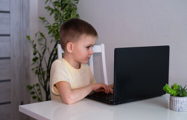 teenage boy studies or plays game on laptop against background of home interior. Concept of working and playing on computer. Children's time outside of school